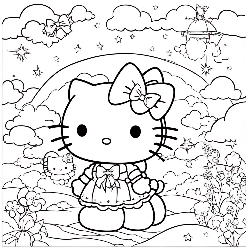 "Hello-Kitty Soaring Among Stars" coloring page from Hello Kitty theme - free printable line art for kids and adults