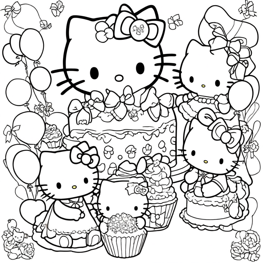 "Hello-Kitty Playing with Many Friends" coloring page from Hello Kitty theme - free printable line art for kids and adults
