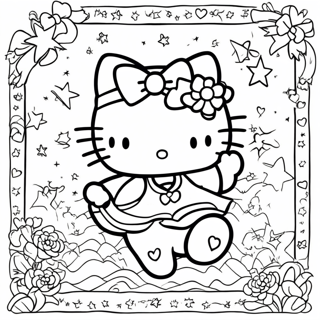 "hello-kitty Leaping with Glitter" coloring page from Hello Kitty theme - free printable line art for kids and adults