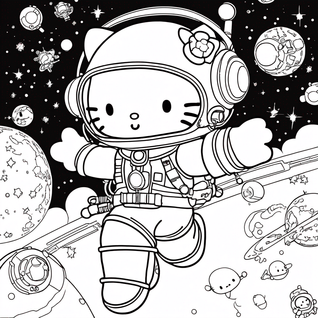 "hello-kitty Space Explorer Adventure" coloring page from Hello Kitty theme - free printable line art for kids and adults