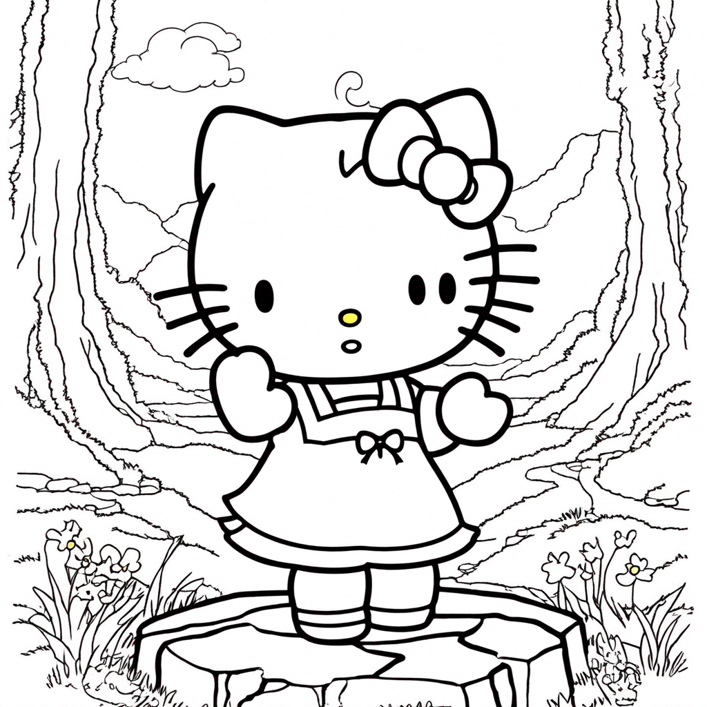 "hello-kitty Embarking on Forest Quest" coloring page from Hello Kitty theme - free printable line art for kids and adults