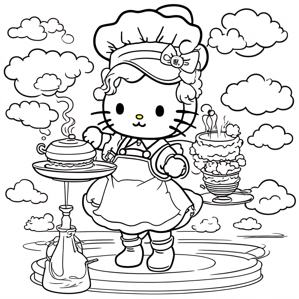 "hello-kitty Whisking Magic in Sky" coloring page from Hello Kitty theme - free printable line art for kids and adults