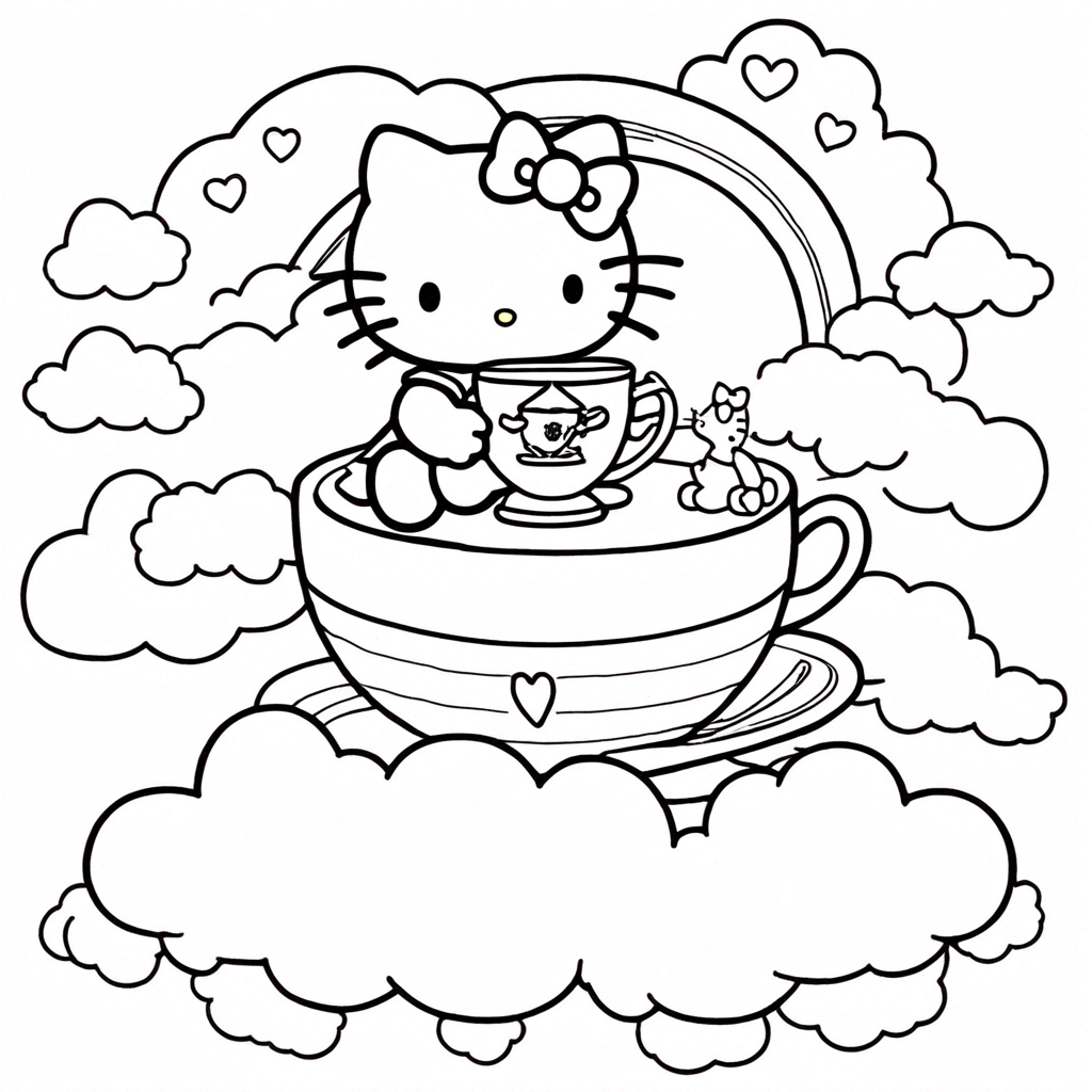 "hello-kitty Enjoying Rainbow Cloud Picnic" coloring page from Hello Kitty theme - free printable line art for kids and adults