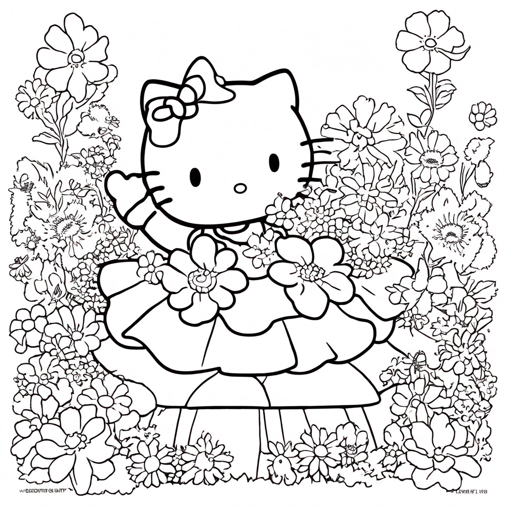"hello-kitty Tickling Giggle Flowers" coloring page from Hello Kitty theme - free printable line art for kids and adults