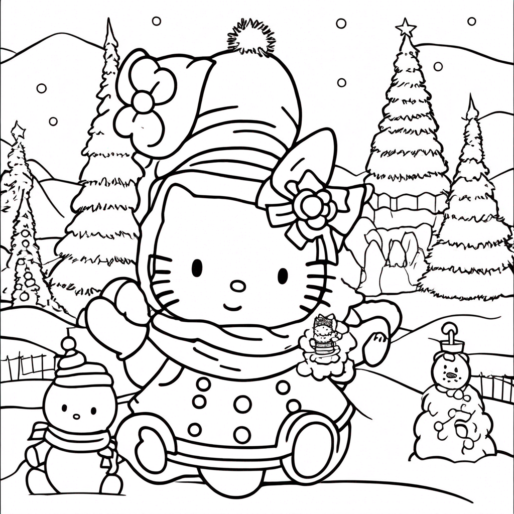 hello-kitty Kitty's Snowman Building Adventure" coloring page from Hello Kitty theme - free printable line art for kids and adults