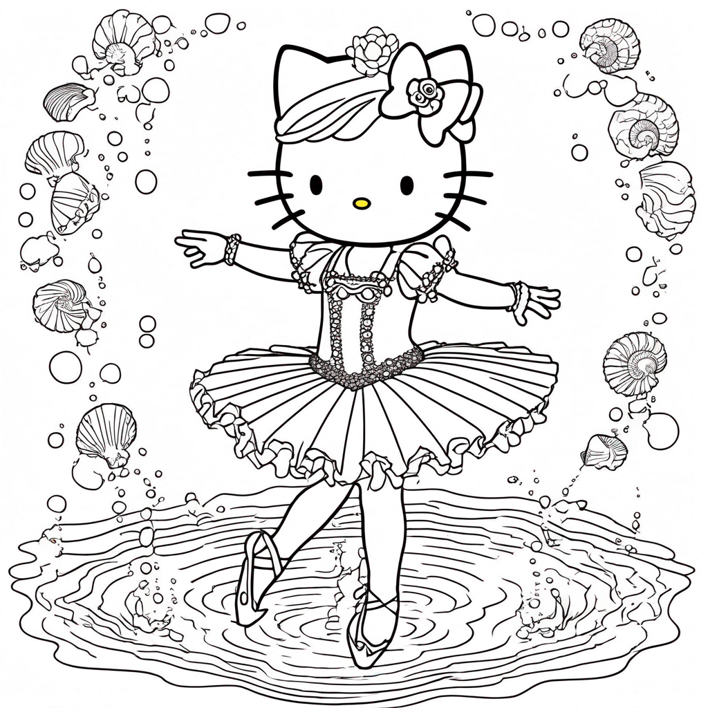 "hello-kitty Underwater Ballet with Fish" coloring page from Hello Kitty theme - free printable line art for kids and adults