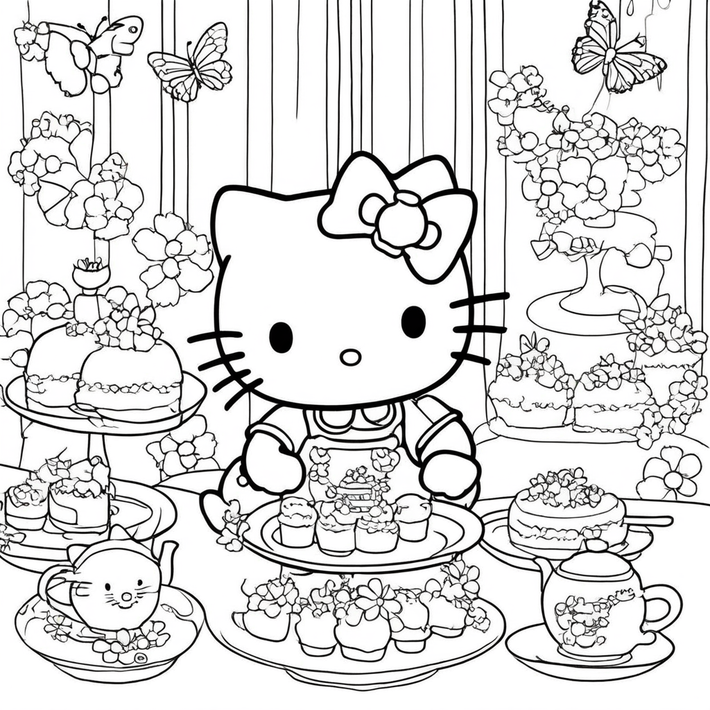 "hello-kitty Tea Party Delight" coloring page from Hello Kitty theme - free printable line art for kids and adults