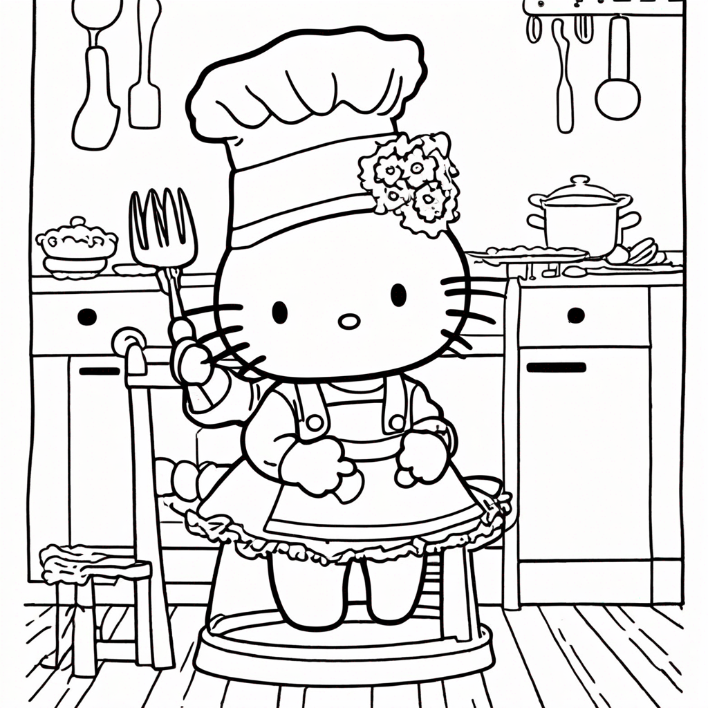hello-kitty Kitty Flipping Giant Pancakes coloring page from Hello Kitty theme - free printable line art for kids and adults