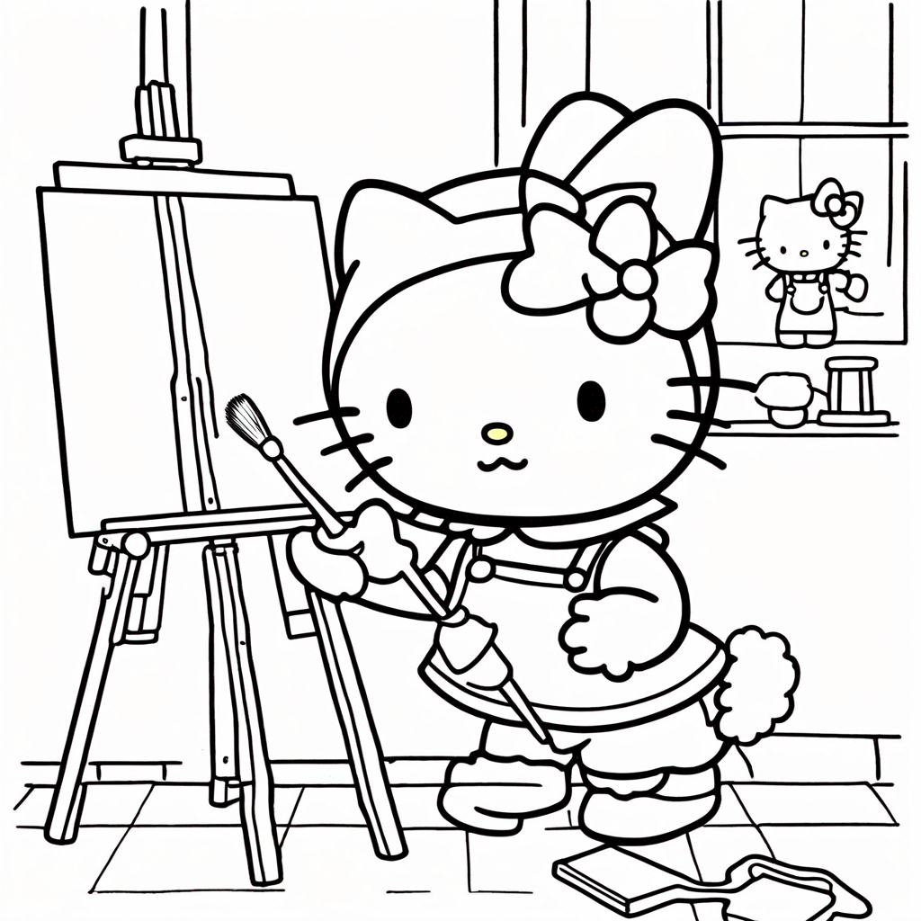 "hello-kitty Painting a Magical Sunset" coloring page from Hello Kitty theme - free printable line art for kids and adults