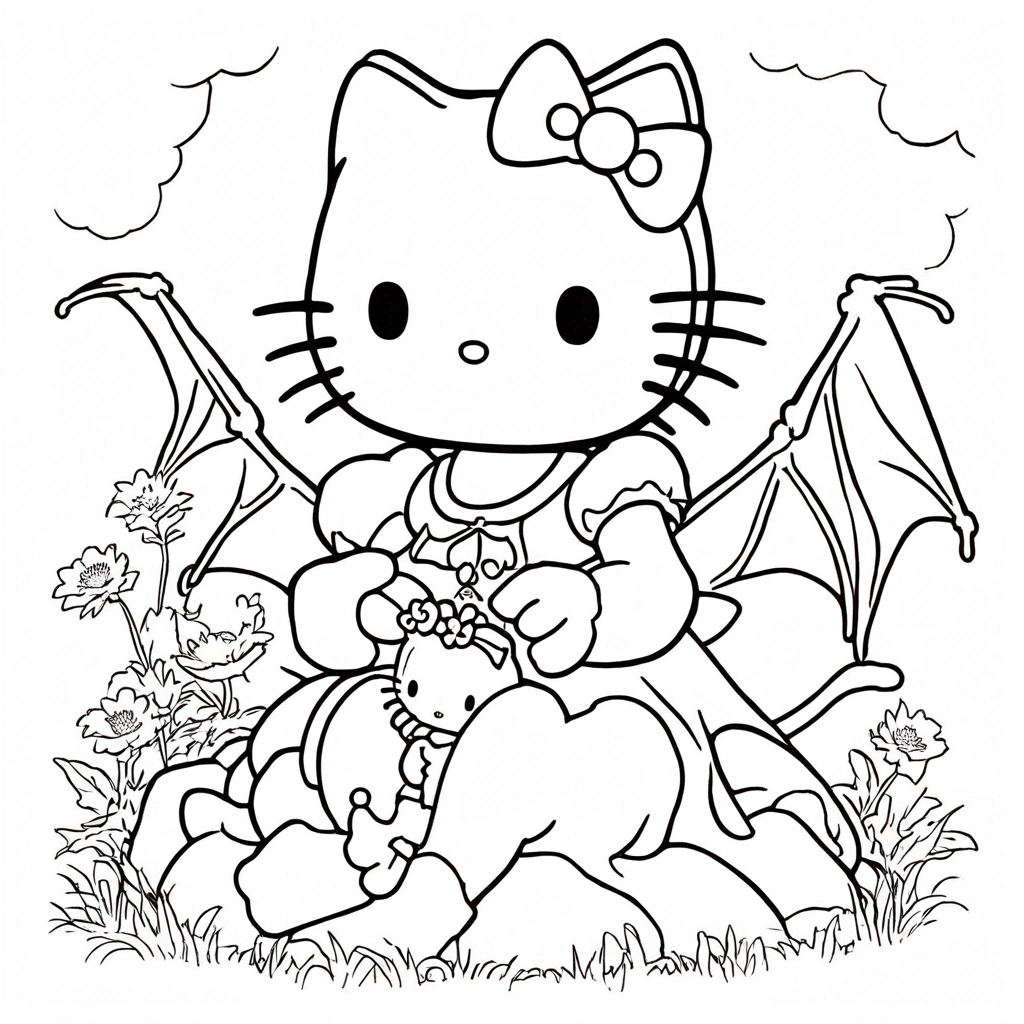 "hello-kitty Befriending a Friendly Dragon" coloring page from Hello Kitty theme - free printable line art for kids and adults