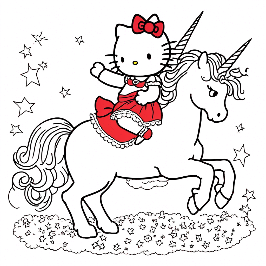 "hello-kitty Riding a Sparkle Unicorn" coloring page from Hello Kitty theme - free printable line art for kids and adults
