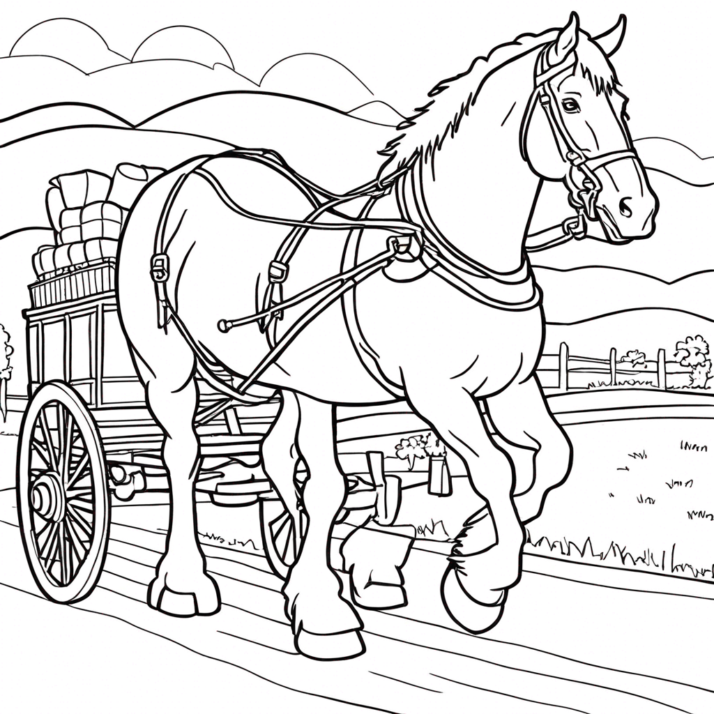 Коник Клайдсдейла, тянущий фермерскую повозку coloring page from лошадь theme - free printable line art for kids and adults