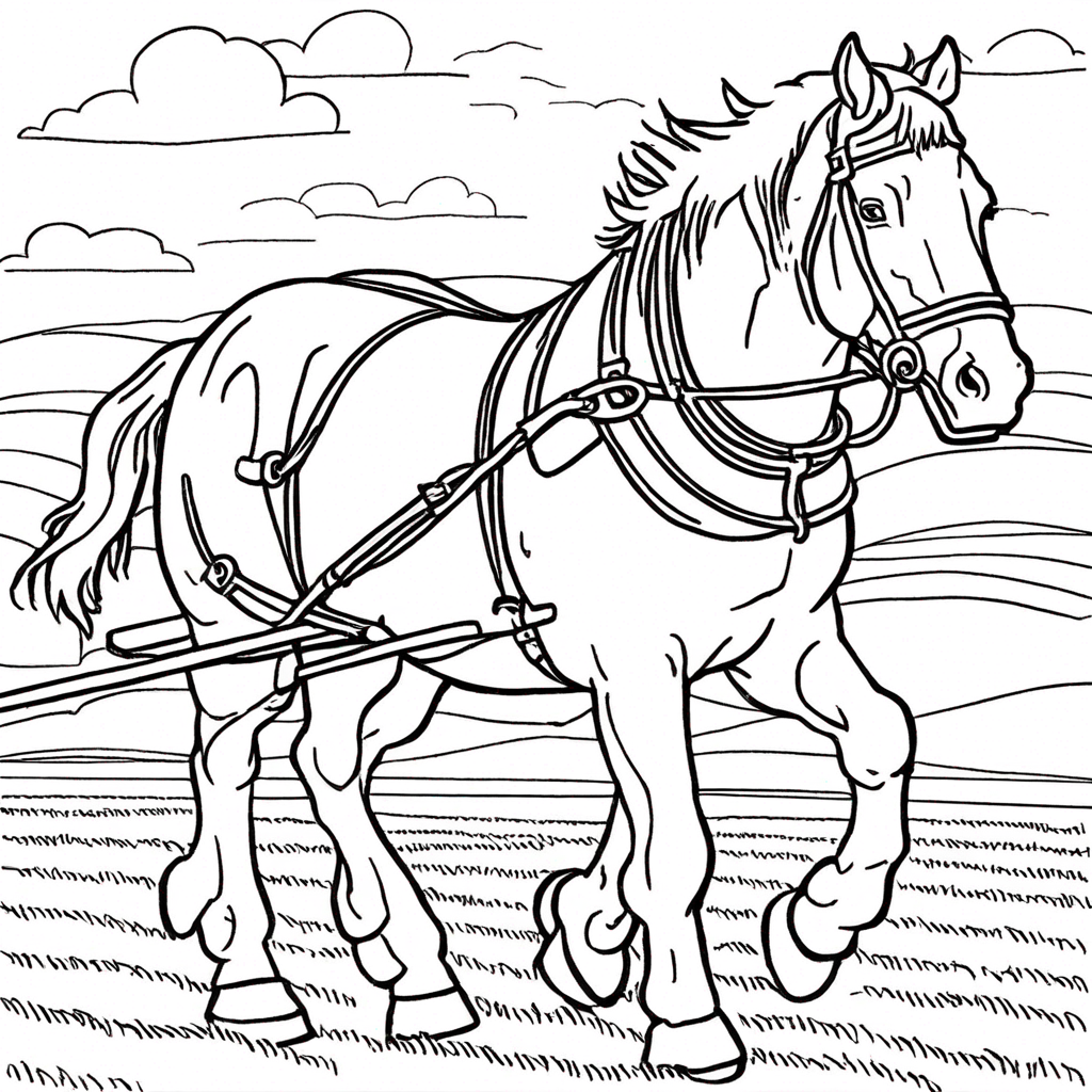Лошадь породы Драфт, вспахивающая поле на закате coloring page from лошадь theme - free printable line art for kids and adults
