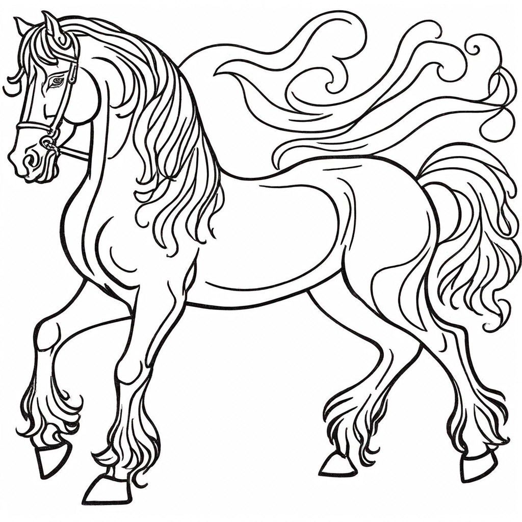 Фризский конь с развивающейся гривой coloring page from лошадь theme - free printable line art for kids and adults