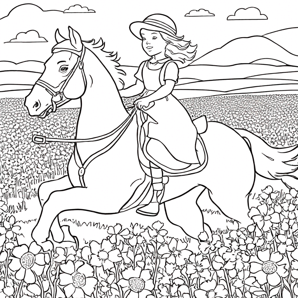 Девочка, едущая на лошади через цветочное поле coloring page from лошадь theme - free printable line art for kids and adults