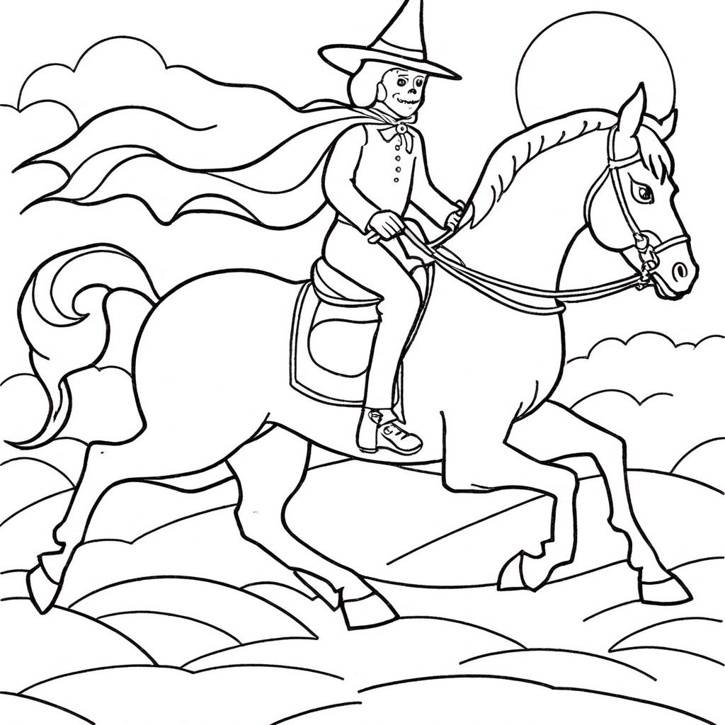 Лошадь на Хэллоуин с Призрачным Всадником coloring page from лошадь theme - free printable line art for kids and adults