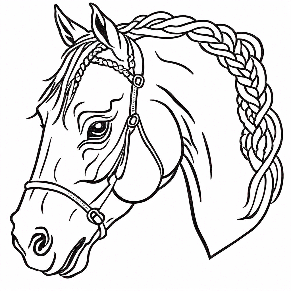 Портрет головы лошади с заплетенной гривой coloring page from лошадь theme - free printable line art for kids and adults