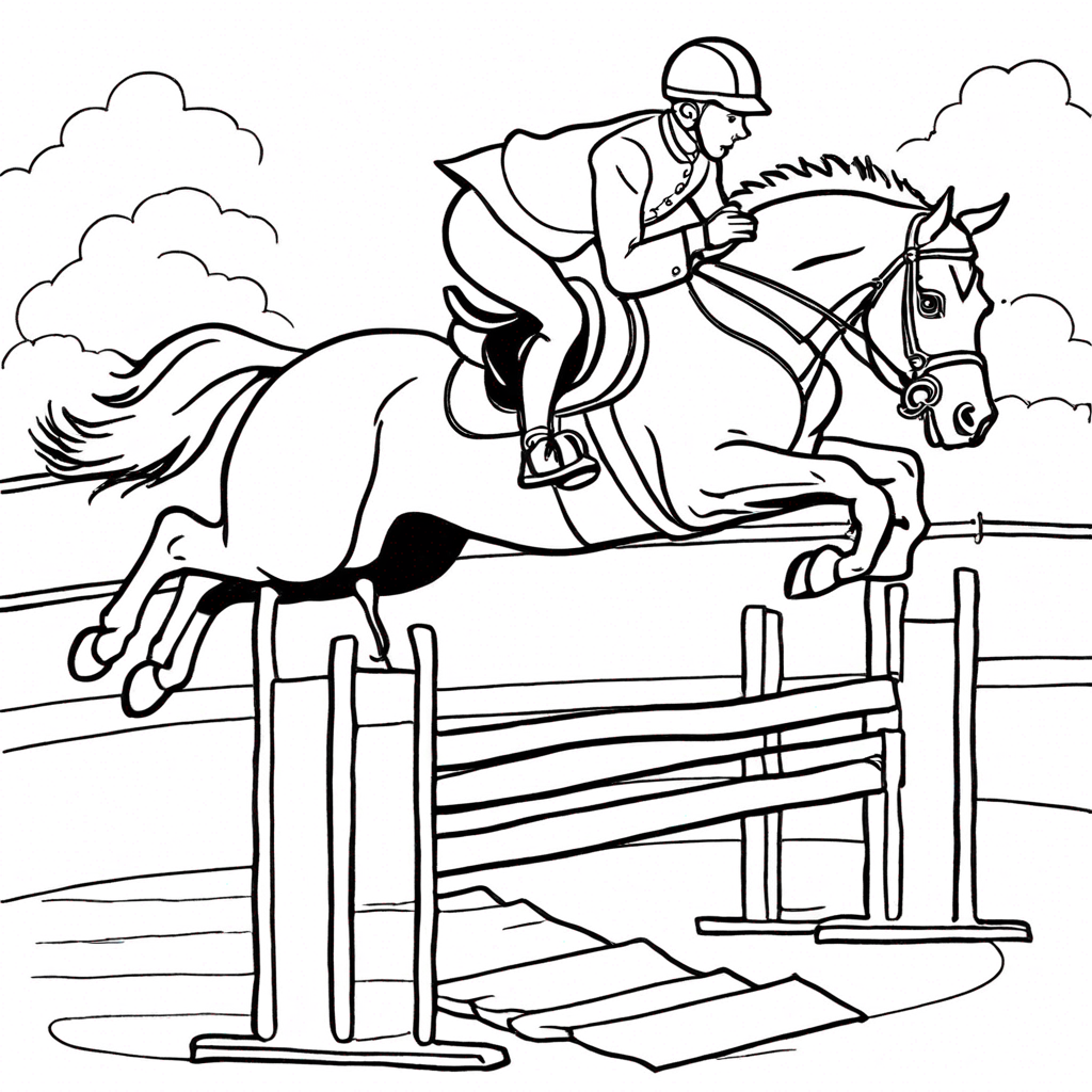 Лошадь, прыгающая через препятствие на выставке coloring page from лошадь theme - free printable line art for kids and adults