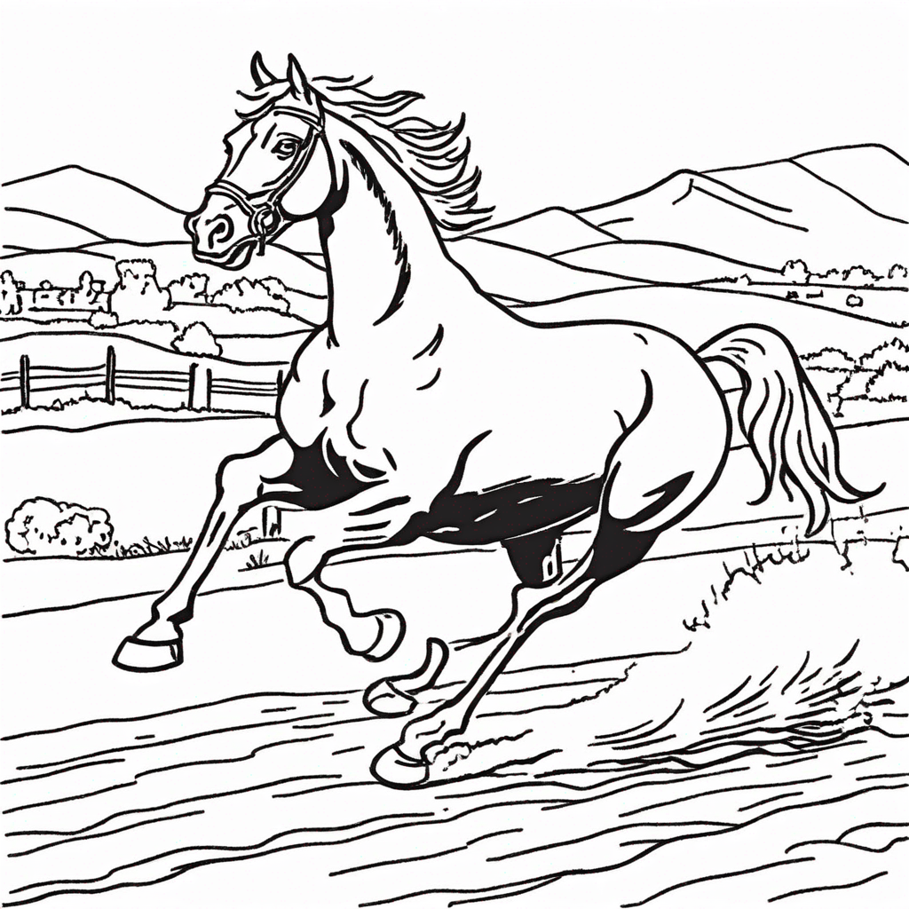Лошадь, подкидывающая пыль на грунтовой дороге coloring page from лошадь theme - free printable line art for kids and adults