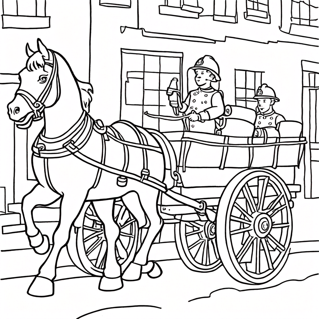 Лошадь, тянущая пожарную машину coloring page from лошадь theme - free printable line art for kids and adults