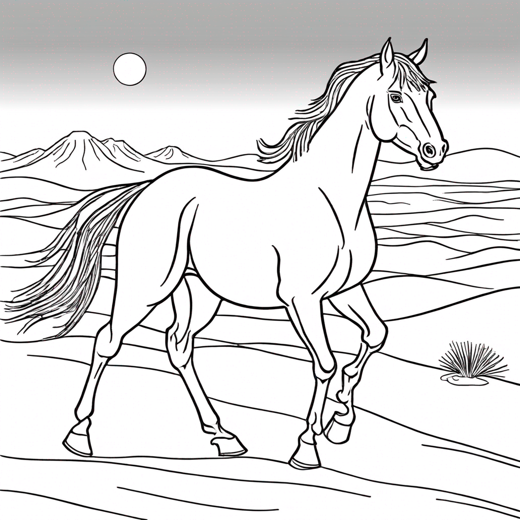 Horse Standing In Desert Mirage coloring page from лошадь theme - free printable line art for kids and adults