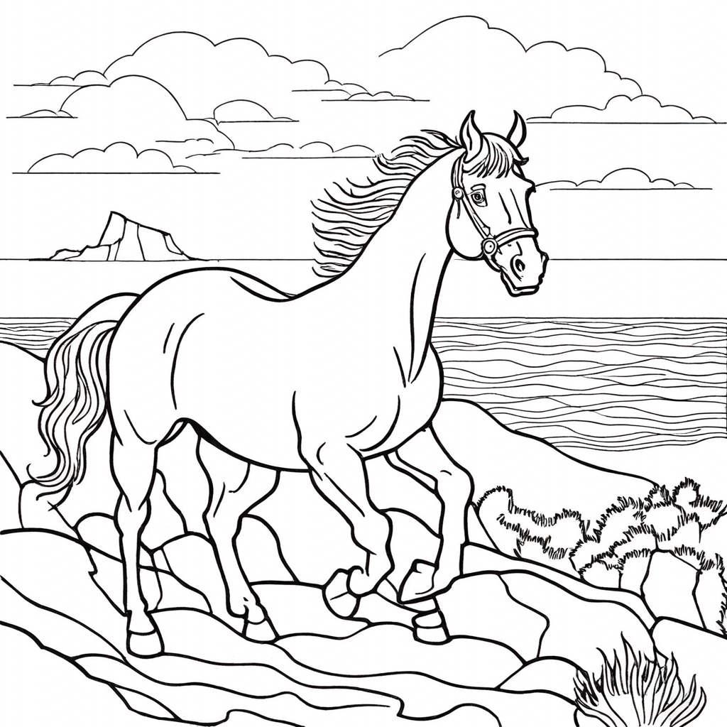 Horse Standing On Cliff Overlooking Ocean coloring page from лошадь theme - free printable line art for kids and adults