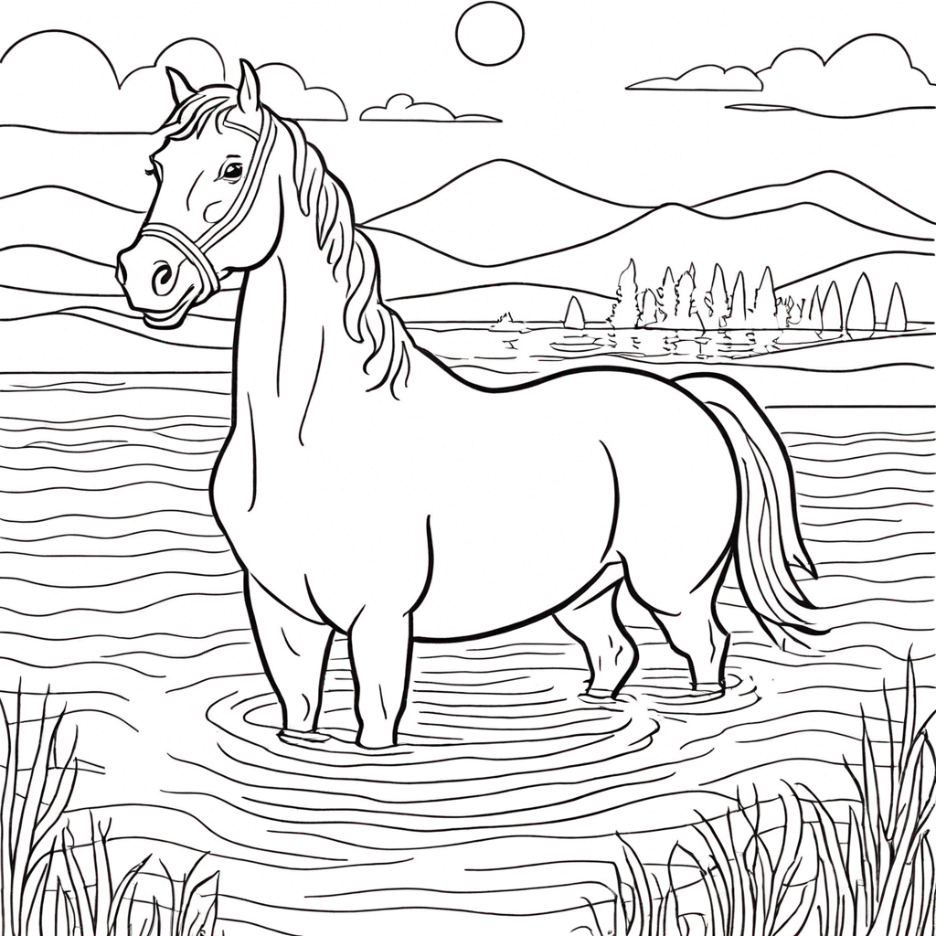 Horse Swimming In Lake At Dawn coloring page from лошадь theme - free printable line art for kids and adults