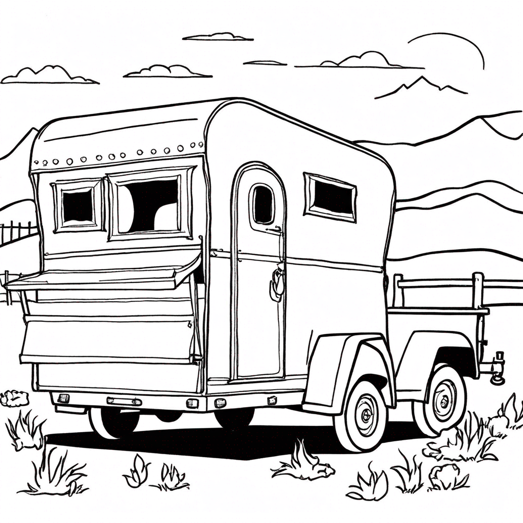 Прицеп для лошадей, прикрепленный к пикапу coloring page from лошадь theme - free printable line art for kids and adults