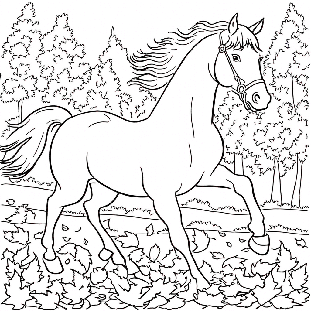 Лошадь, идущая по опавшим листьям coloring page from лошадь theme - free printable line art for kids and adults