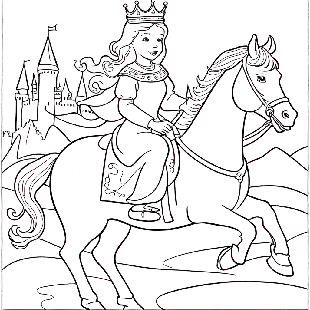 Принцесса на белом коне с короной coloring page from лошадь theme - free printable line art for kids and adults