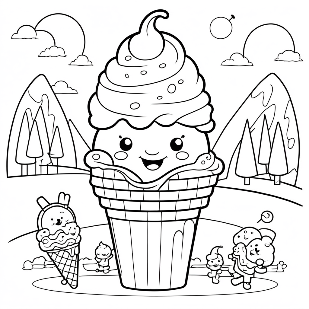 "Ice-Cream Chasing Rainbows Fun" coloring page from Ice Cream theme - free printable line art for kids and adults