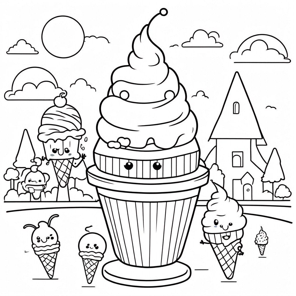 ice-cream Cream Holding Balloons" coloring page from Ice Cream theme - free printable line art for kids and adults