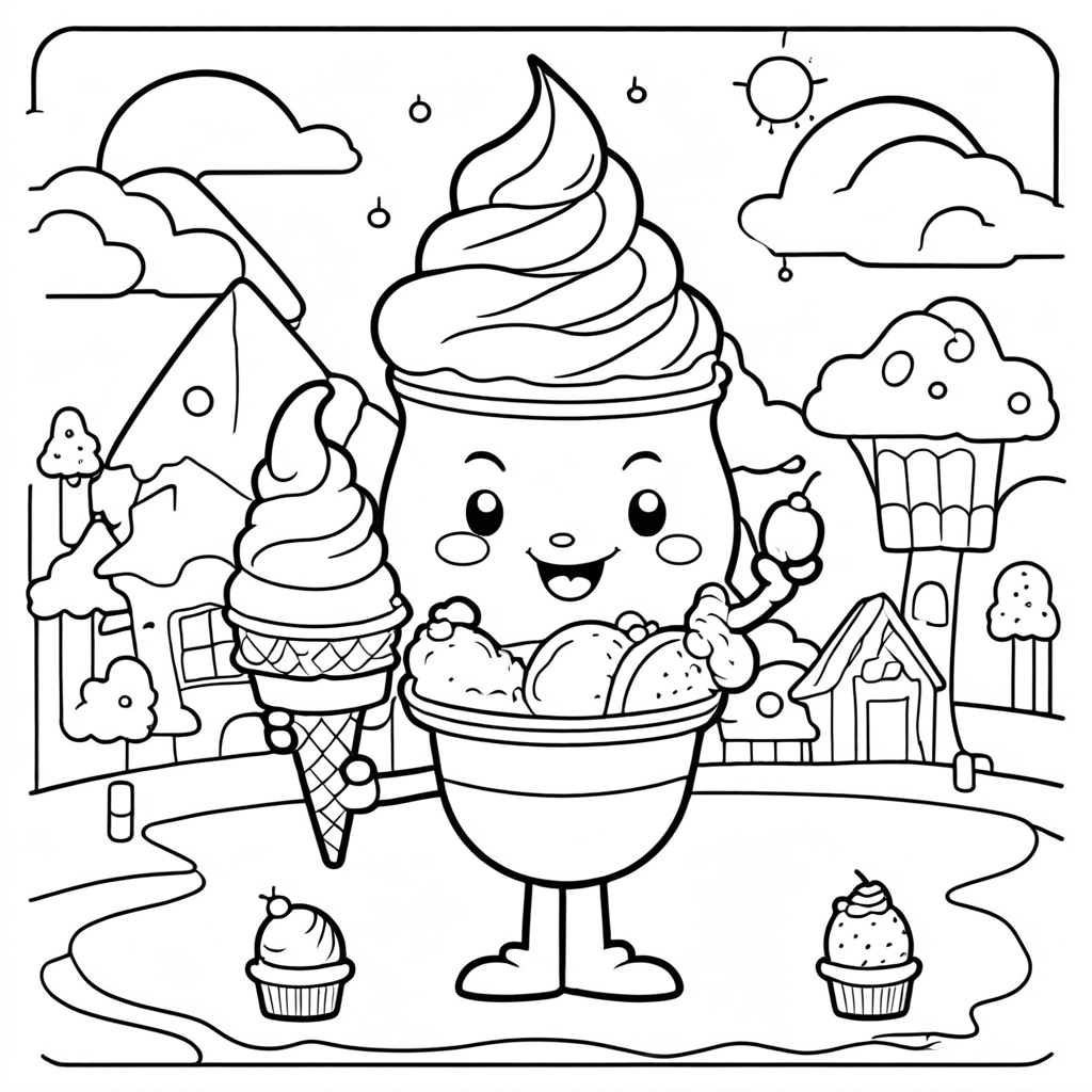 "Ice-Cream Splashing in Puddle" coloring page from Ice Cream theme - free printable line art for kids and adults