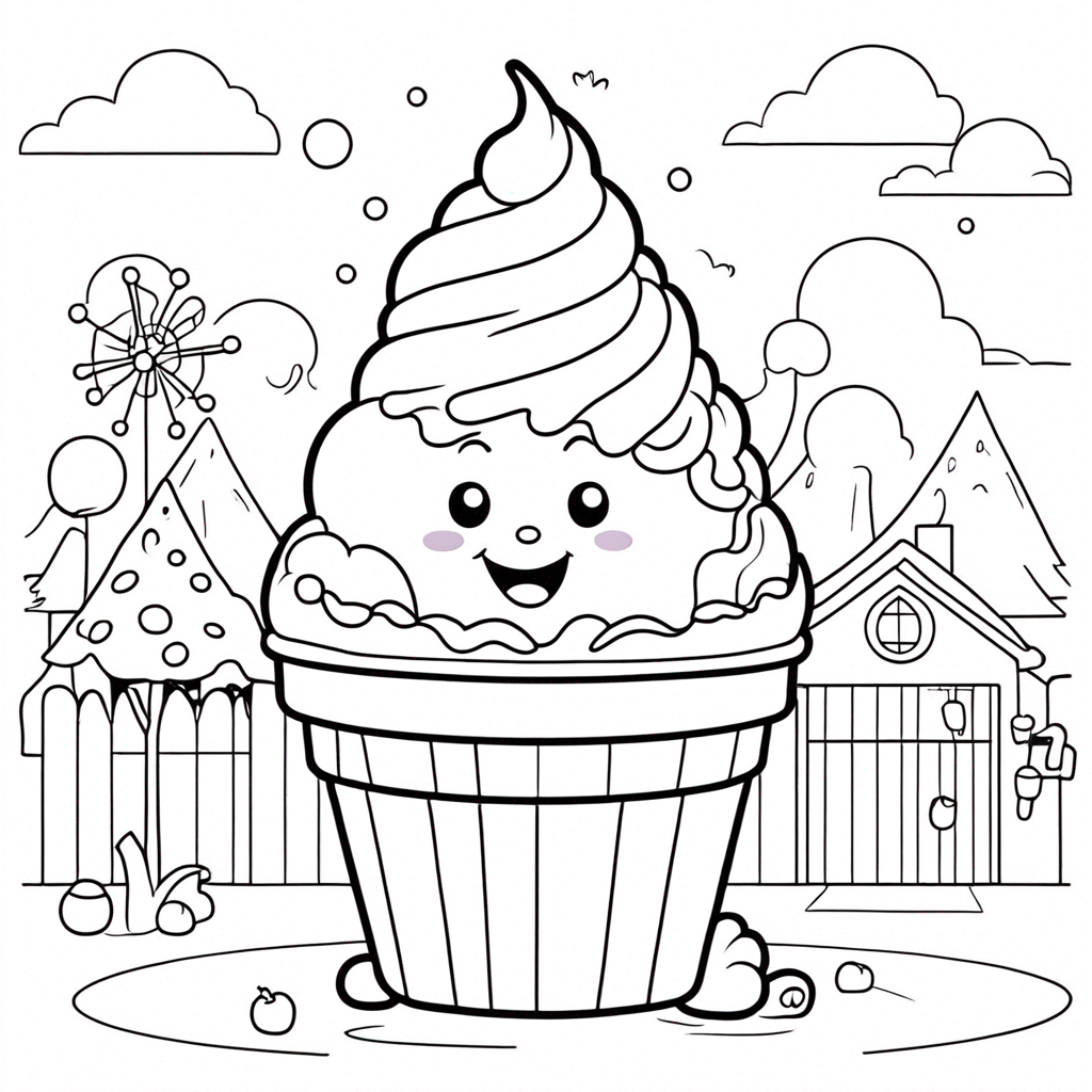 "Ice-cream Swirling in Candyland" coloring page from Ice Cream theme - free printable line art for kids and adults