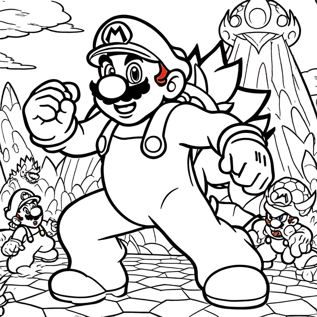 "Mario Battles Bowser's Fury" coloring page from mario theme - free printable line art for kids and adults
