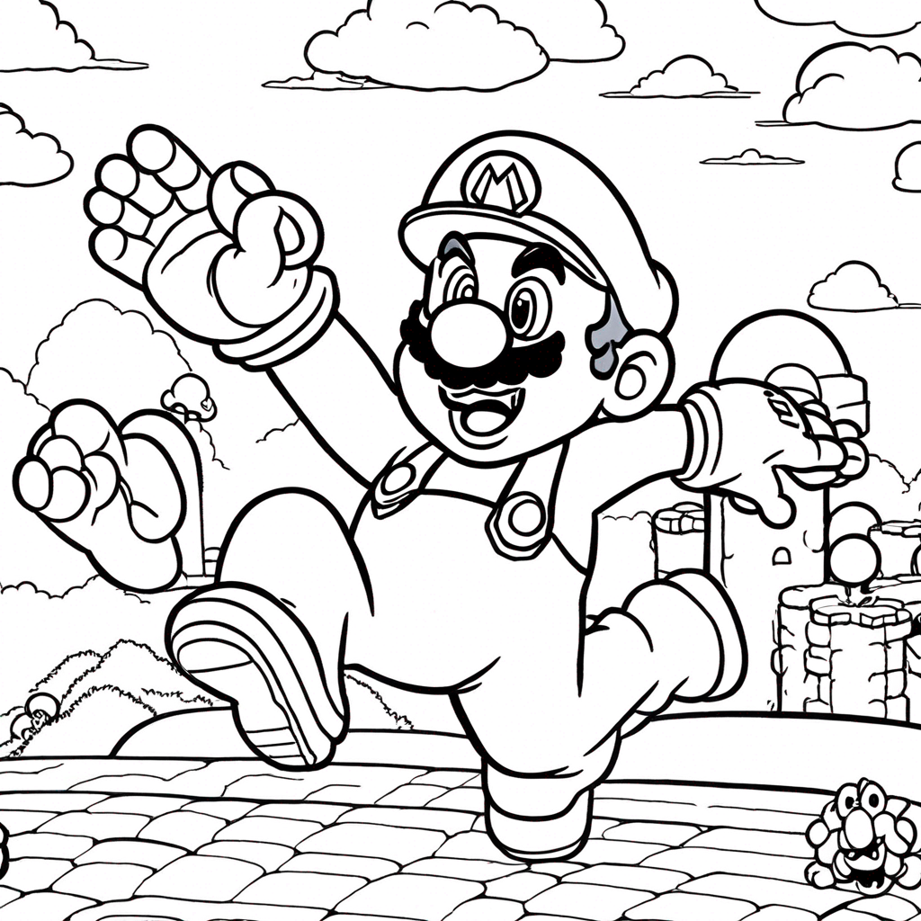 "mario Celebrating Goomba Stomp Victory" coloring page from mario theme - free printable line art for kids and adults
