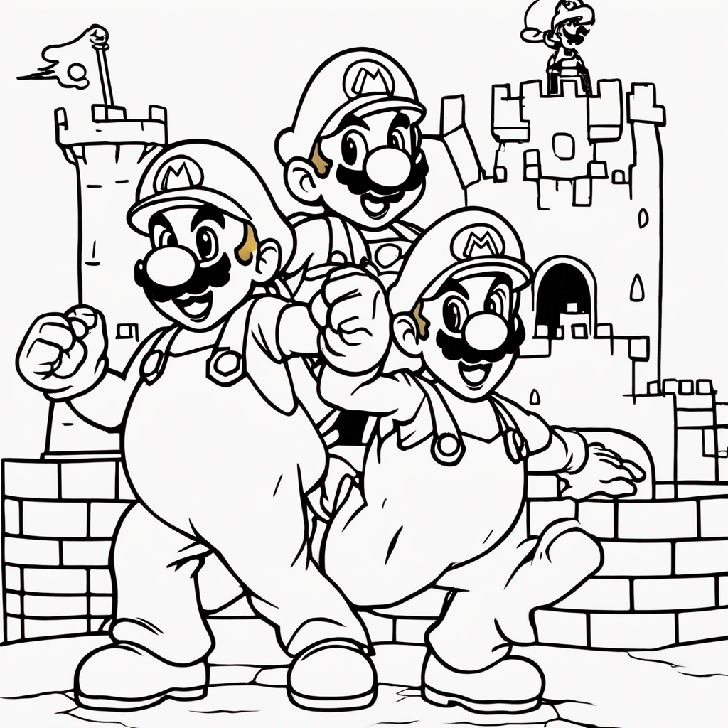 "Mario and Luigi Rescuing Peach" coloring page from mario theme - free printable line art for kids and adults