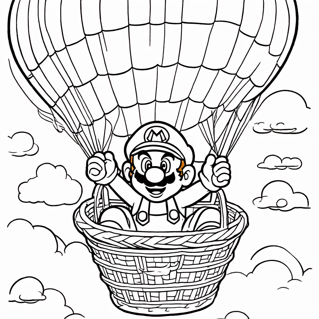 "Mario's Mushroom Balloon Adventure" coloring page from mario theme - free printable line art for kids and adults
