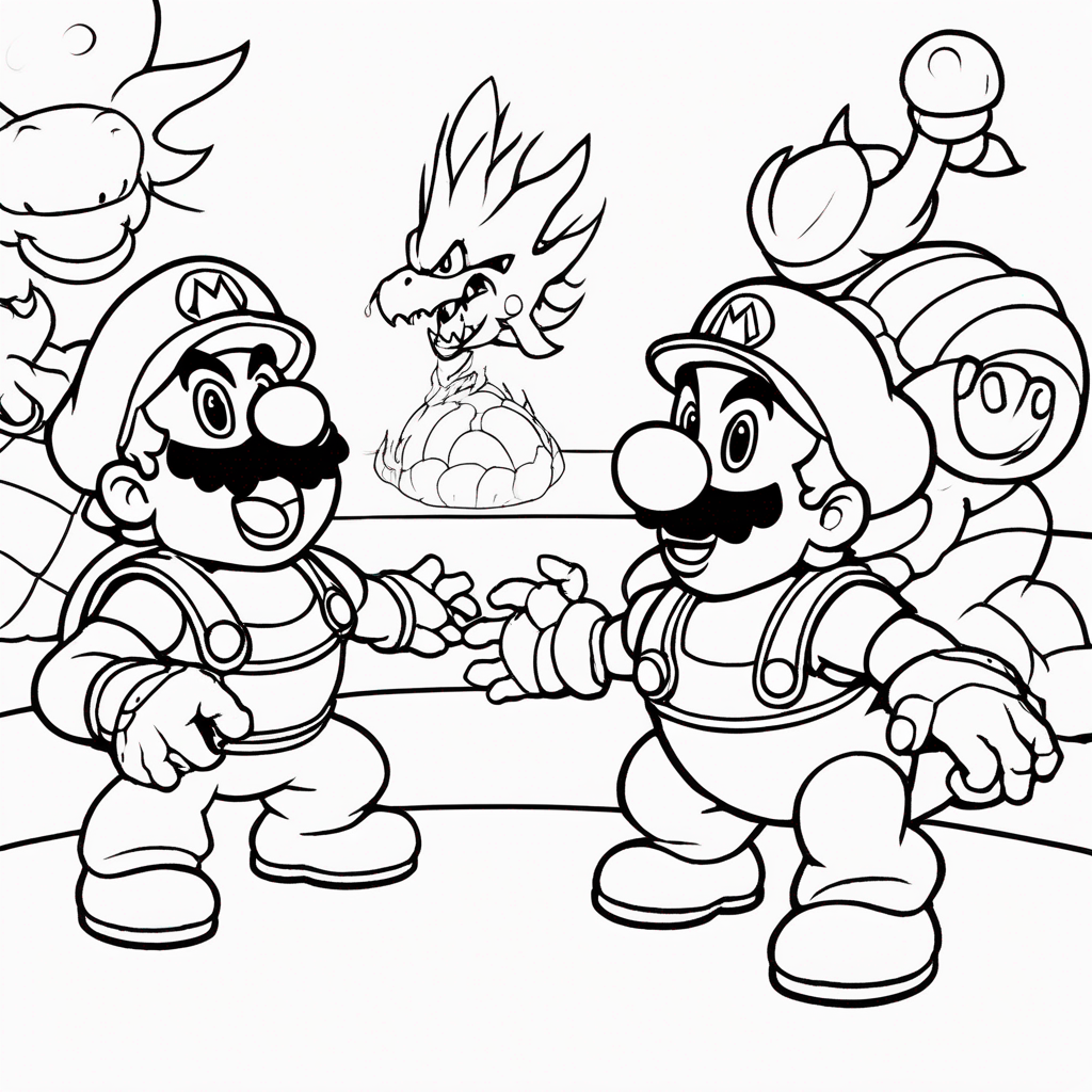 "mario Battling Fiery Koopa" coloring page from mario theme - free printable line art for kids and adults