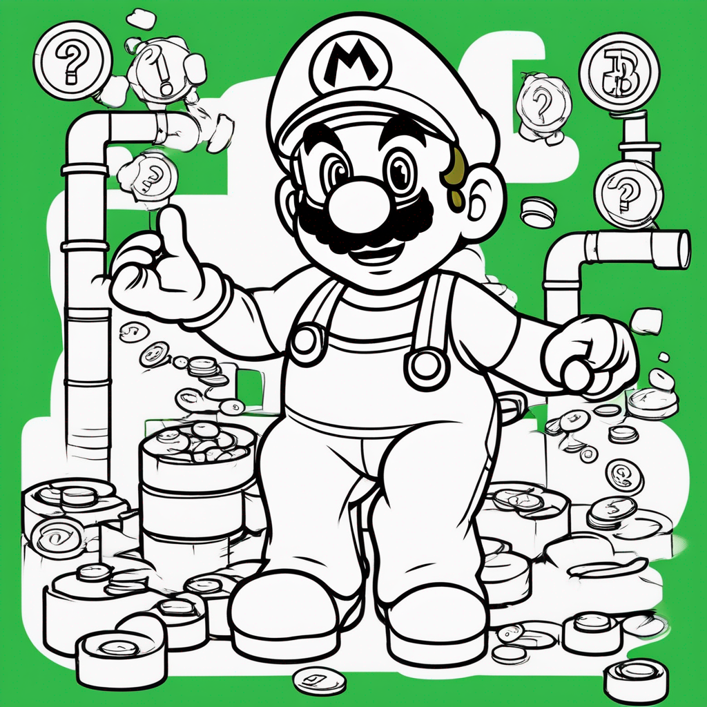 "Mario Collecting Golden Coins Level" coloring page from mario theme - free printable line art for kids and adults