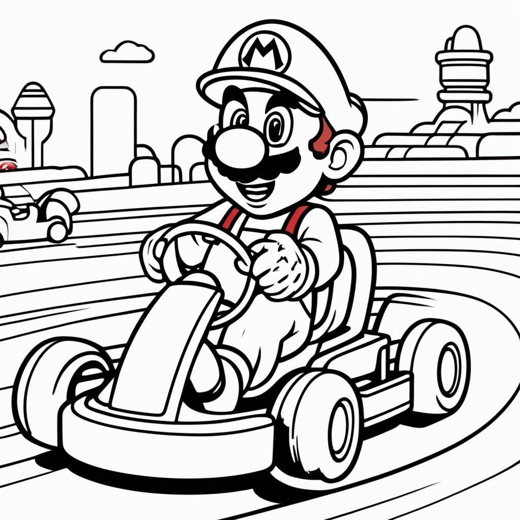 "Mario Racing with Friends" coloring page from mario theme - free printable line art for kids and adults