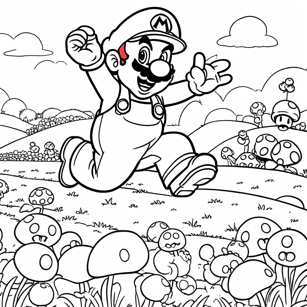 "Mario Leaping Over Goombas" coloring page from mario theme - free printable line art for kids and adults