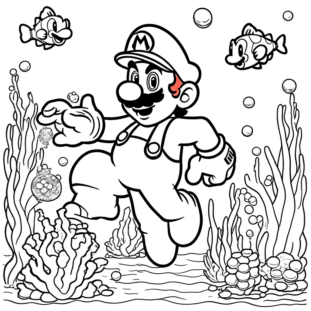 "mario Swims Among Underwater Treasures" coloring page from mario theme - free printable line art for kids and adults