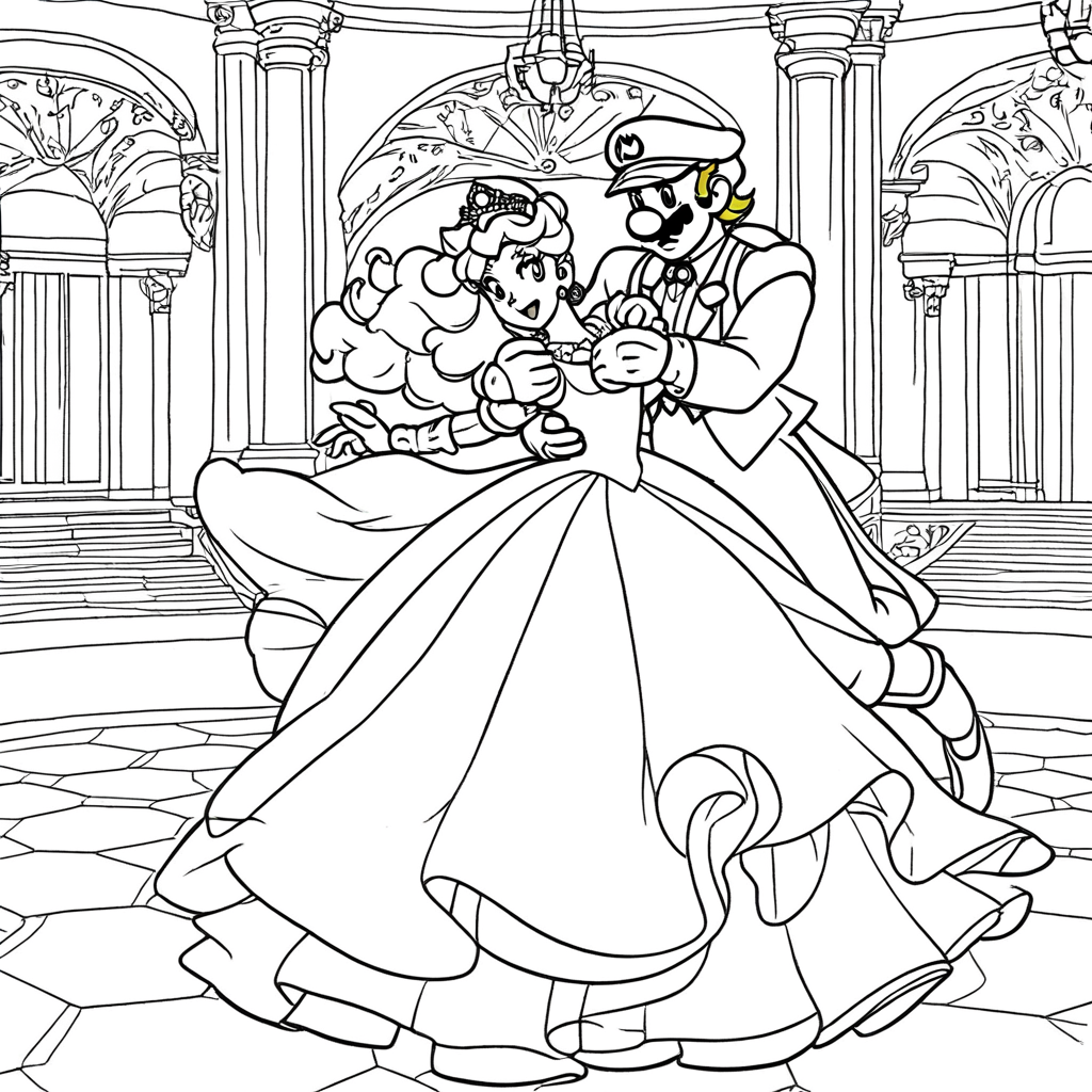 Mario and Peach Dancing coloring page from mario theme - free printable line art for kids and adults