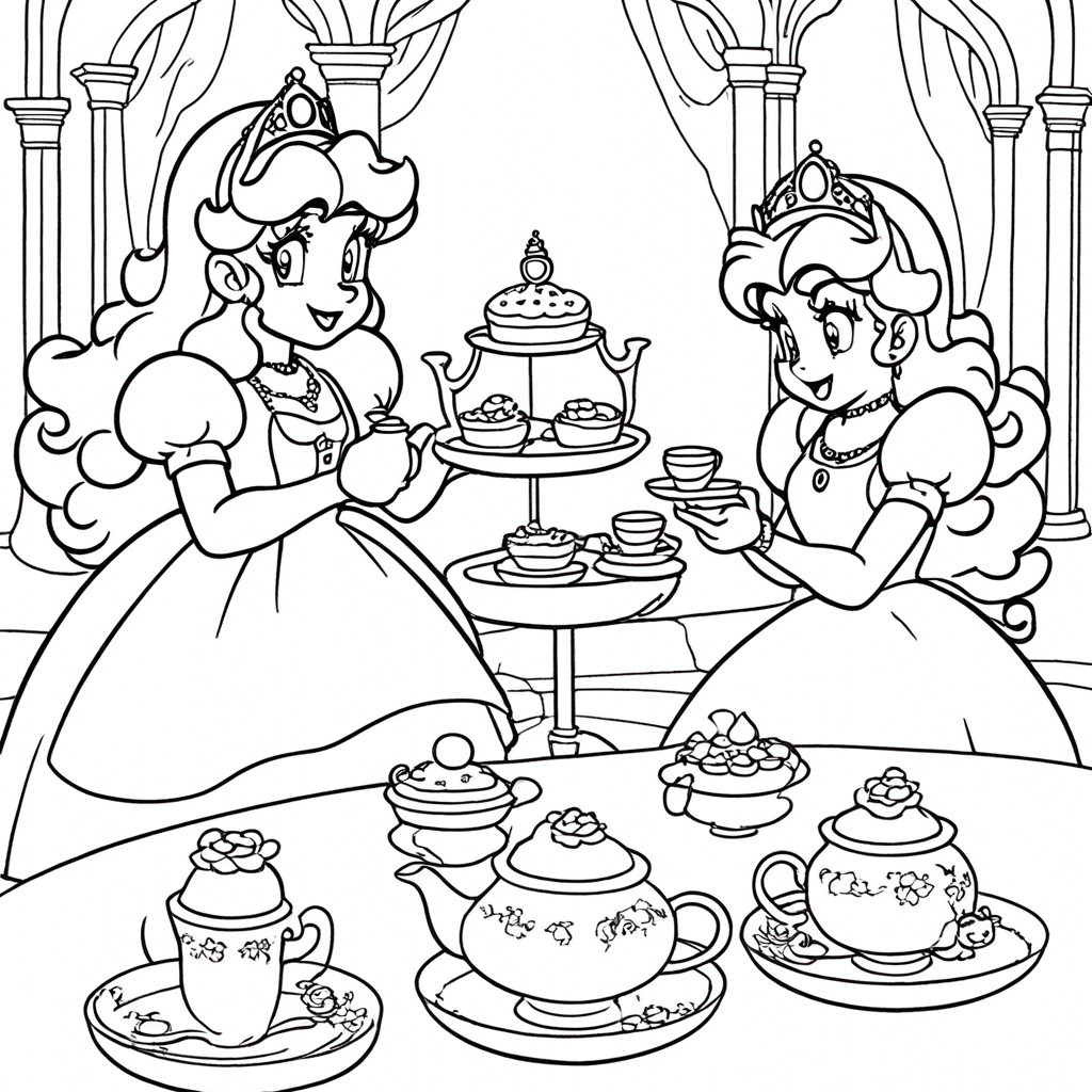"Princess Peach's Castle Tea mario" coloring page from mario theme - free printable line art for kids and adults