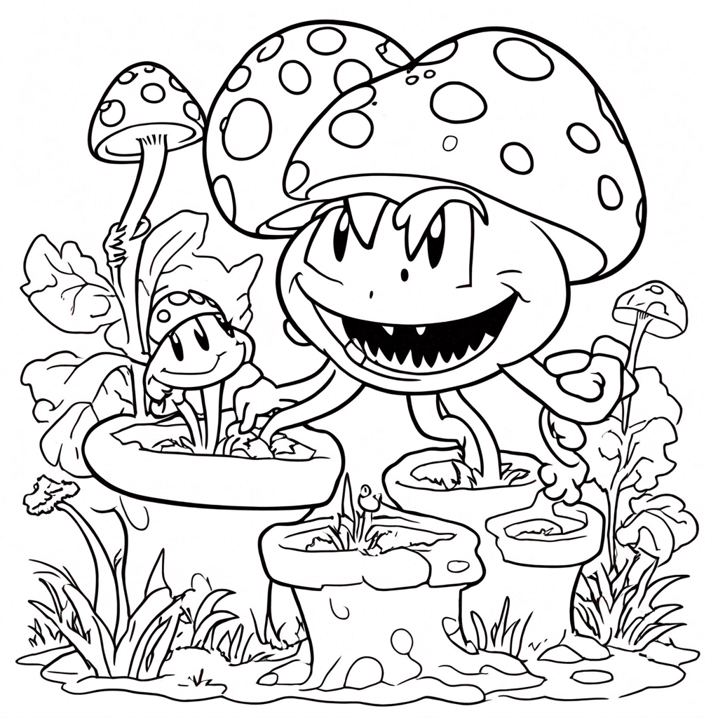 Piranha Plants Planting Flowers with coloring page from mario theme - free printable line art for kids and adults