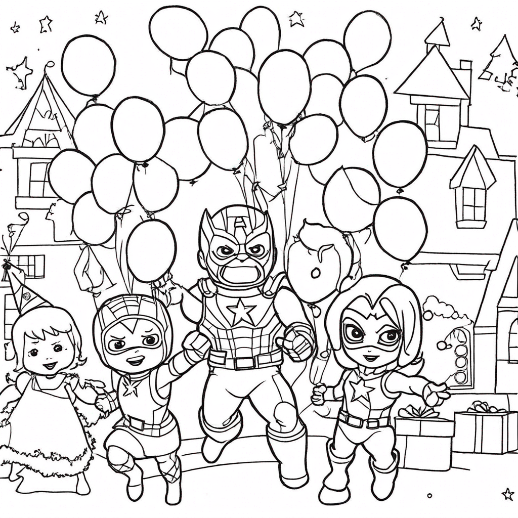 Marvel Friends Parading with Balloons coloring page from Marvel theme - free printable line art for kids and adults