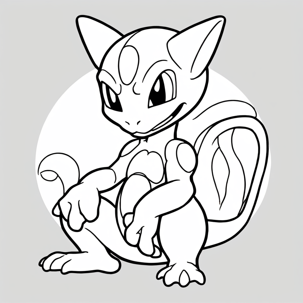 Cute Chibi Mewtwo Sentado e Sorrindo coloring page from "Mewtwo" theme - free printable line art for kids and adults