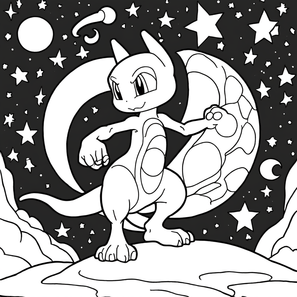 Mewtwo Fofo em Pé em uma Lua Entre as Estrelas coloring page from "Mewtwo" theme - free printable line art for kids and adults