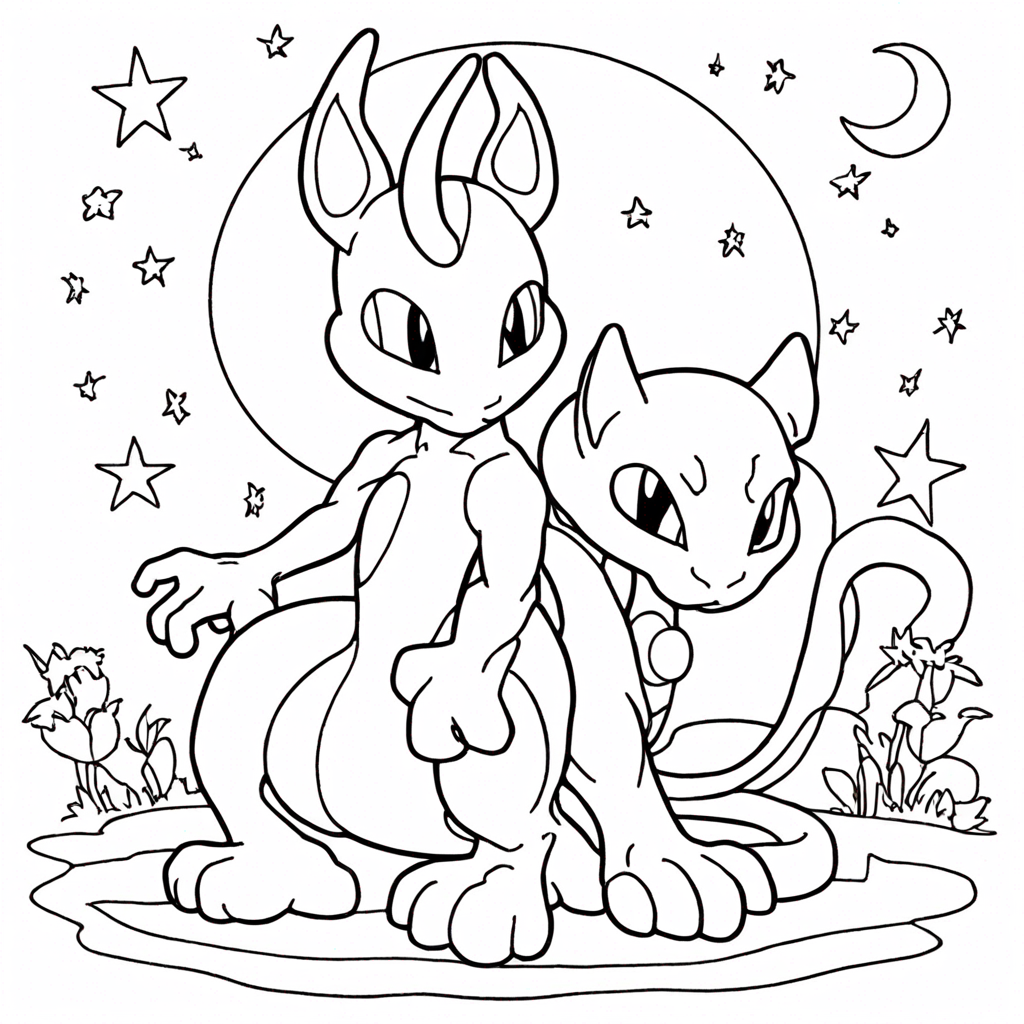 Mewtwo Fofo Com A Lua E Estrelas E Seu Nome coloring page from "Mewtwo" theme - free printable line art for kids and adults